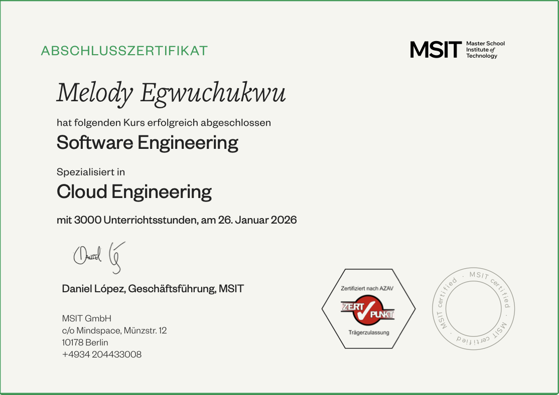 Software Engineering Cloud Weiterbildung certificate